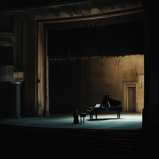 An eerie cabaret tune with haunting piano, weaving a tapestry of melancholy and darkness, reminiscent of a shadowy, forgotten theatre. The composition sways with an unsettling yet captivating allure, plunging the listener into a world of bittersweet memories and sorrowful reflections