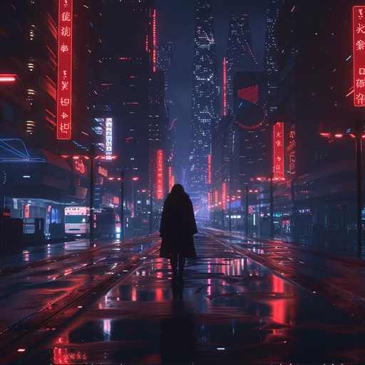 Picture yourself walking down the neon-lit streets of a sprawling, high-tech metropolis. The air is thick with the hum of machinery and the distant sound of police sirens. As you navigate the shadowy alleys and towering skyscrapers, an ominous, pulsing beat begins to build, accompanied by glitchy, distorted synths and deep, rumbling basslines. The melody is haunting and melancholic, evoking a sense of isolation and unease in this bleak, technology-driven world.