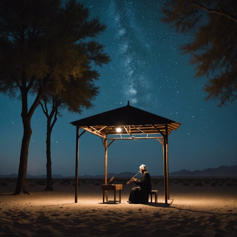 A transcendent journey through sound, invoking the vast, starry nights of the middle eastern deserts. The music meticulously weaves hypnotic rhythms and scales associated with middle eastern tradition, offering a soulful exploration of night time serenity in a desert landscape.