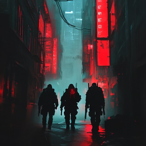 Haunting synths create a dark and pulsating world, filled with neon lit dystopian landscapes. The track captures an eerie, menacing atmosphere with mechanical rhythms and echoing notes, evoking scenes of shadowy figures in a futuristic, abandoned city.