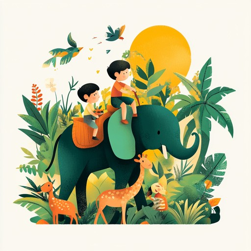 An upbeat instrumental featuring marimba and lively rhythms, inviting children to explore a whimsical safari filled with friendly creatures and exotic settings.