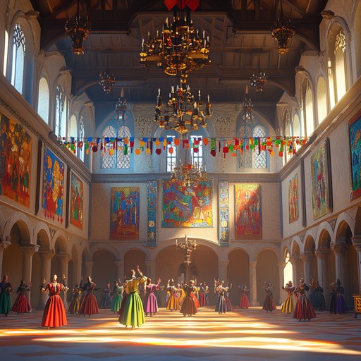 Imagine a grand medieval court filled with lively festivities, ornate costumes, and colorful banners. This instrumental piece captures the jubilant atmosphere of a medieval celebration with uplifting melodies performed on a lute. Rhythmic and melodic variations transport listeners to a time of knights and nobility, evoking scenes of dancing, laughter, and merriment.