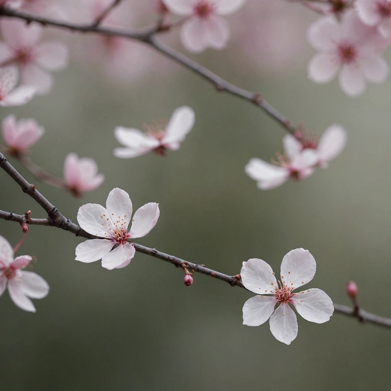 An alternative version of the same theme, focusing more on the auditory sensations of a soft breeze through blooming cherry blossoms, enhancing the peace and stillness of an idyllic spring day.