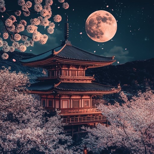 In a serene landscape under the luminous glow of a full moon, soothing sounds resonate as petals gently fall around an ancient temple. The music captures the profound beauty of nature intertwined with deep rooted cultural heritage, evoking a sense of peace and timeless elegance.