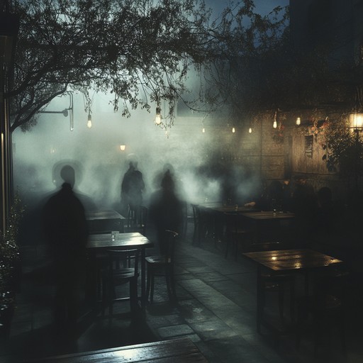 Ghostly figures dance in foggy beer gardens to spooky accordion melodies, creating a hauntingly festive atmosphere.