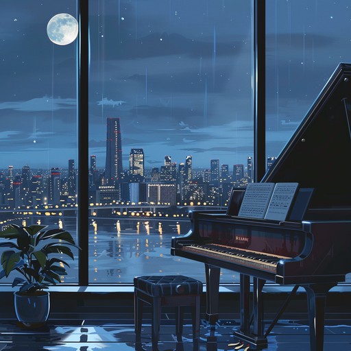 A minimalist composition featuring a piano that gently flows through the silent corridors of an urban night. Each note is a quiet whisper, reflecting the solitude and introspection of city dwellers lost in thought. The soft, deliberate piano strokes create a serene and contemplative atmosphere, encouraging a peaceful reflection on life’s nuances.