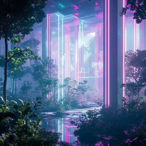 Immerse yourself in a dreamlike cyberpunk world with unreal synth soundscapes and jungle inspired rhythms, capturing the surreal beauty of a futuristic nocturnal adventure.