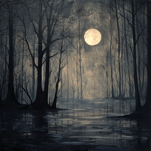 Creepy, slow harp infused melodies with ethereal soundscapes evoke ancient, enchanted woods under a mysterious dark moonlight, blending tension and beauty in a surreal sound journey.