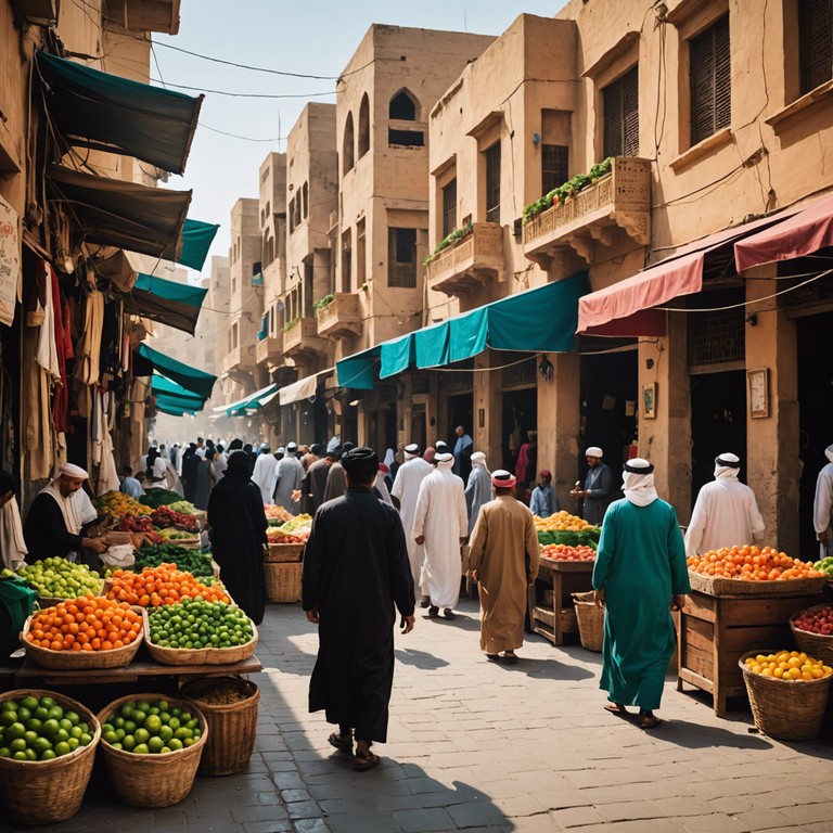 An instrumental piece that transports listeners to a vibrant middle eastern marketplace, filled with energy and the bustling sounds of daily life. The music captures the spirit of an ancient world through its dynamic use of traditional instruments, embodying the hustle and bustle of market traders and the subtle echoes of desert winds.