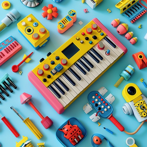 Dive into an enchanting world of whimsical electronics where toy instruments take center stage, creating a playful and infectiously cheerful atmosphere perfect for uplifting any mood