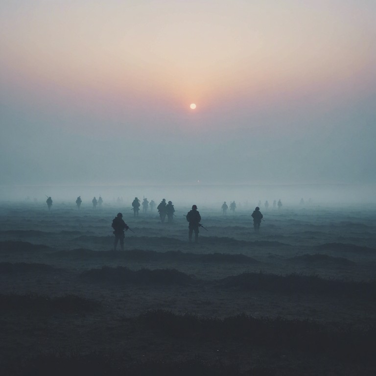 In this haunting composition, the steady beat of military drums evokes the desolate and eerie atmosphere of a once bustling battlefield now shrouded in silence and mystery. The sparse instrumentation amplifies the sense of isolation and impending doom, as shadowy figures seem to march in the fog laden distance.