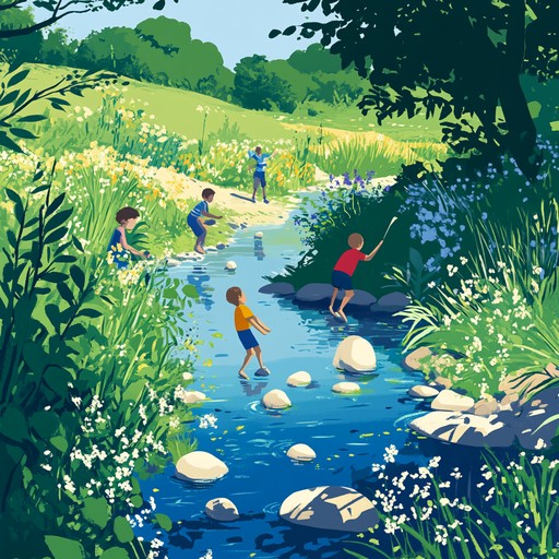 A cheerful and uplifting instrumental piece that captures the essence of playful childhood moments spent skipping stones by a sunny stream, evoking feelings of joy, innocence, and carefree happiness.