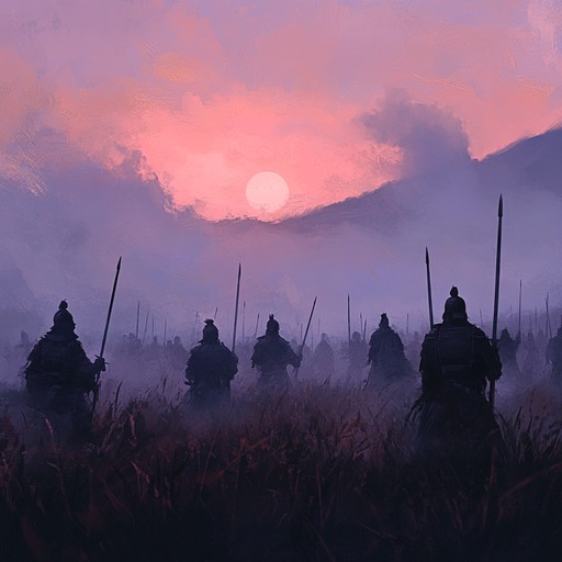 Imagine a battalion advancing through misty fields, driven by the moral vigor imparted by sacred chants and rhythmic drumming. A harmonious fusion of a cappella choir, primal drums, and brass instruments evokes the ancient essence of war rituals and spiritual upliftment. The track builds to a triumphant climax that emboldens the spirit.