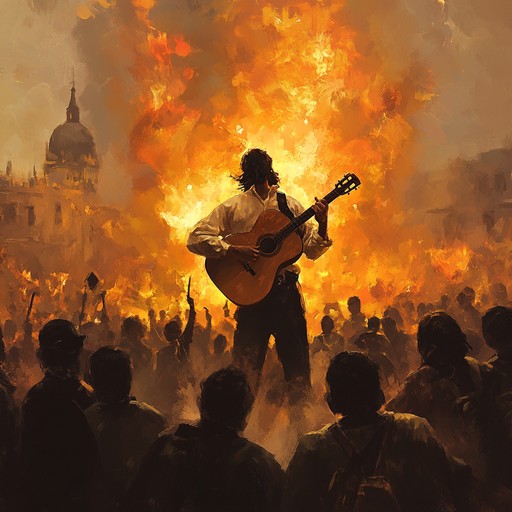 An electrifying rumba instrumental driven by the fiery strums of a flamenco guitar, amplified by bold percussive elements and brass. This composition is designed to inspire defiance and the pursuit of social change, creating a powerful auditory symbol of revolution.