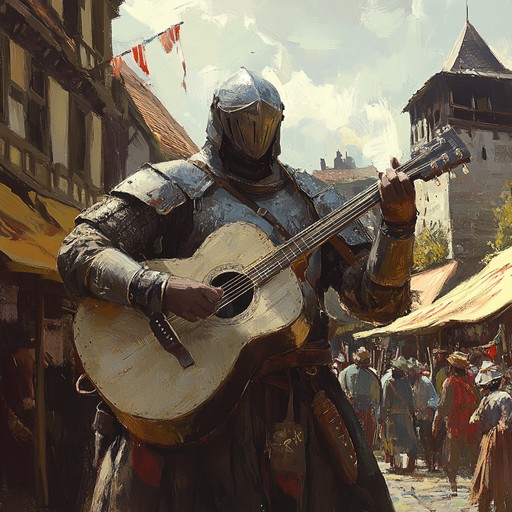 A dynamic troubadour piece full of rhythmic acoustic guitar strumming, capturing the spirit of heroic knights and lively medieval festivals. The energetic melodies transport the listener to a time of gallant adventures and jubilant celebrations.