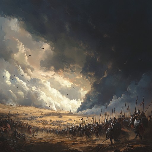 An exhilarating orchestral piece that embodies the essence of a medieval battlefield. With driving percussions, powerful brass, and sweeping string sections, this composition builds a dramatic and heroic soundscape. The music crescendos to depict valiant knights, mighty horsemen, and the grand scale of combat, offering an immersive, action packed auditory experience.