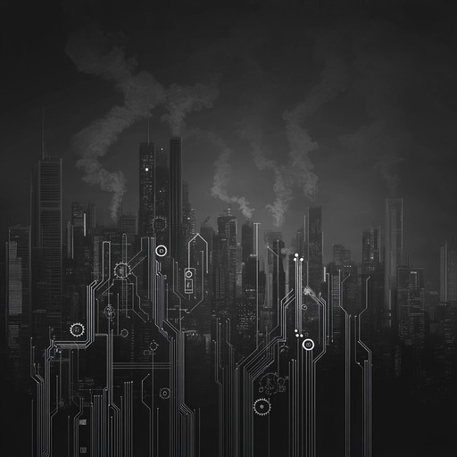 An instrumental dubstep track featuring heavy basslines, distorted synths, and mechanical beats, creating an intense atmosphere that evokes images of industrial landscapes and urban decay.