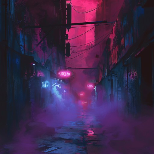 A mix of synth pulses, distorted noise, and glitch effects create an unsettling soundscape, evoking an eerie sense of distress in a dark cyberpunk world