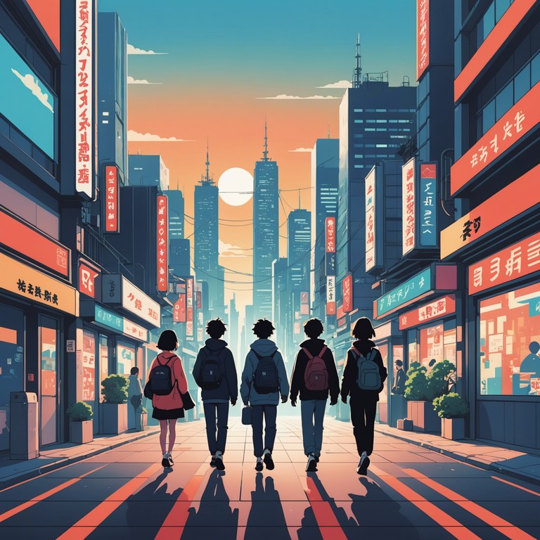 Imagine a musical piece that audibly illustrates the journey of anime characters as they explore the vibrant life of tokyo at dawn. The song evokes feelings of new opportunities and delightful anticipation, fitting for any scene depicting new beginnings or the promise of a thrilling day ahead.