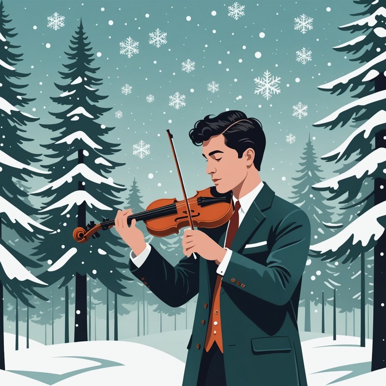 A more intimate version focusing on the gentle interactions between the soft violin melodies and the quiet, snow blanketed landscape, enhancing the listener's emotional connection to the serene winter imagery.