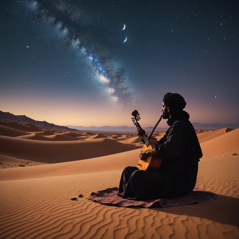 As twilight deepens over the dunes, the sound of the oud invokes the mystery of the desert, integrating with the dynamic energy of modern dubstep, crafting an audioscape that feels both ancient and avant garde, mirroring the dance of shadows against the sand under a star filled sky.