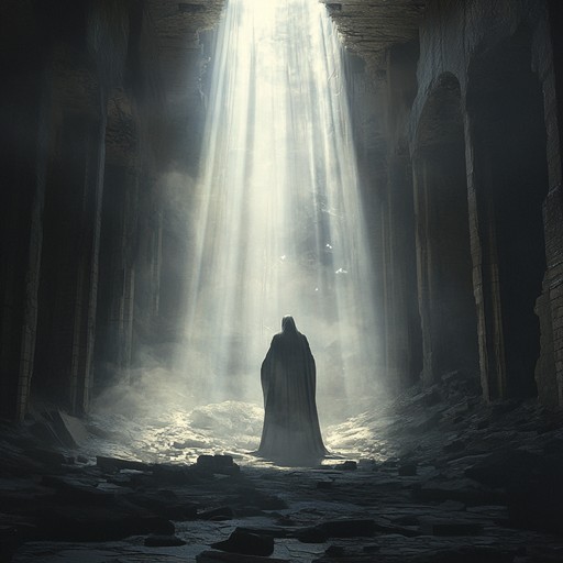 An instrumental gothic rock track that blends haunting electric guitar riffs with ethereal synths, moving from somber tones to a powerful climax, representing the journey towards liberation from darkness.