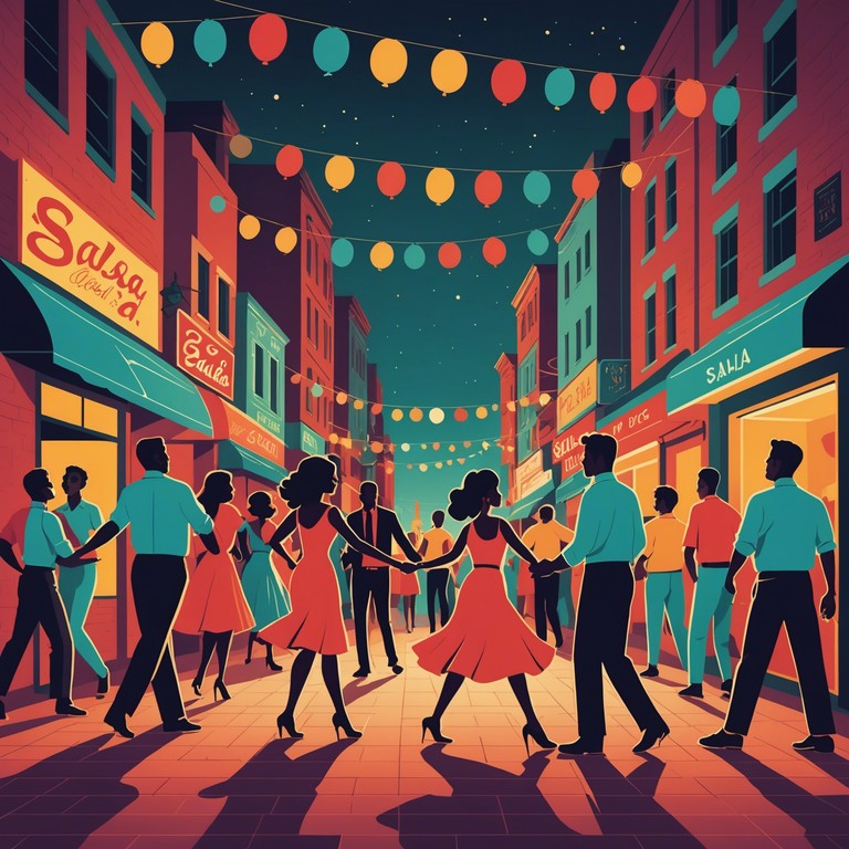 Heat of the night takes an alternative approach by highlighting nocturnal festivities through dynamic trumpet sequences and explosive salsa dura rhythms, perfectly showcasing the spirited nightlife of a vibrant city festival.