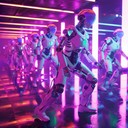 high energy robotic disco with neon lit futuristic vibes.