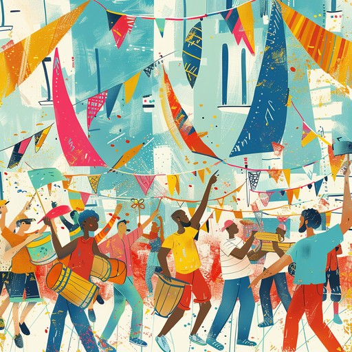 Picture an urban festival where the streets come alive with music and dance. Drummers lead the rhythm, encouraging spontaneous dances from onlookers. The bright banners and happy faces surrounding the music add to the exhilarating vibe, making every beat feel like a celebration of unity and happiness.