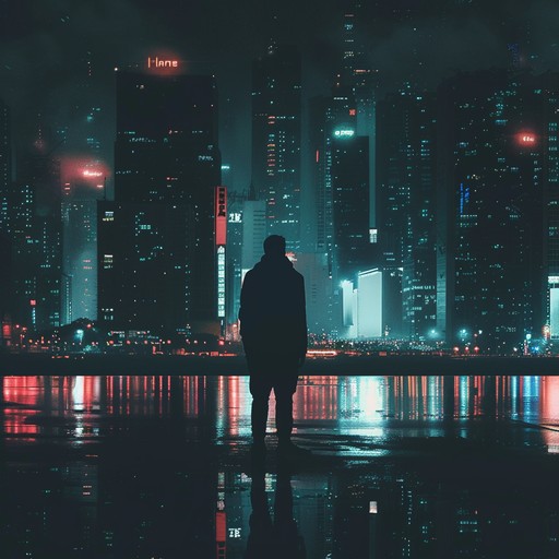 A melancholic instrumental track featuring a rich synthesizer sound that conveys the feeling of walking alone through the neon lit streets of a quiet city. The music slowly unfolds, blending soft pulses and ambient textures that evoke introspection and solitude.