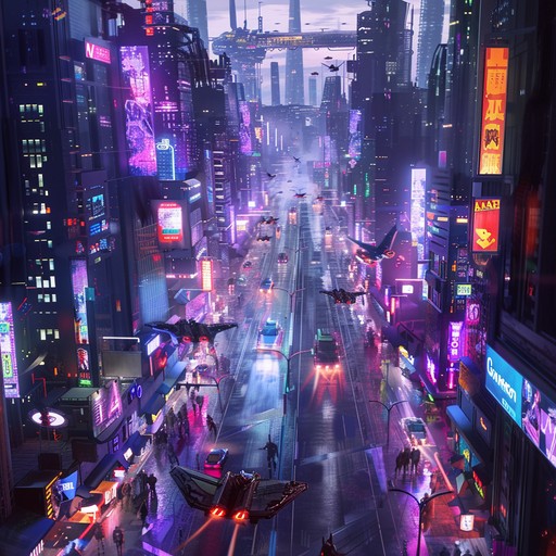 This composition brings an electrifying deep dive into a neon lit urban future, blending pulsating synth rhythms and sweeping cinematic elements. It's perfect for setting the tone in a sci fi action scene or the unveiling of a cybernetic world.