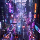 futuristic epic exploring a neon lit urban landscape