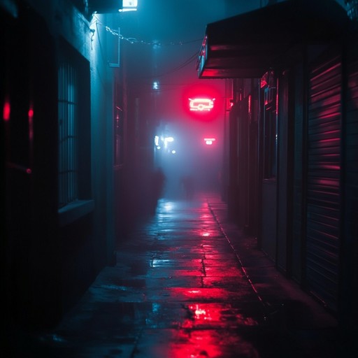 A haunting instrumental track evoking the dark alleys of an 80s neon lit city, featuring eerie synthesizers, driving basslines, and atmospheric soundscapes that build tension and suspense.