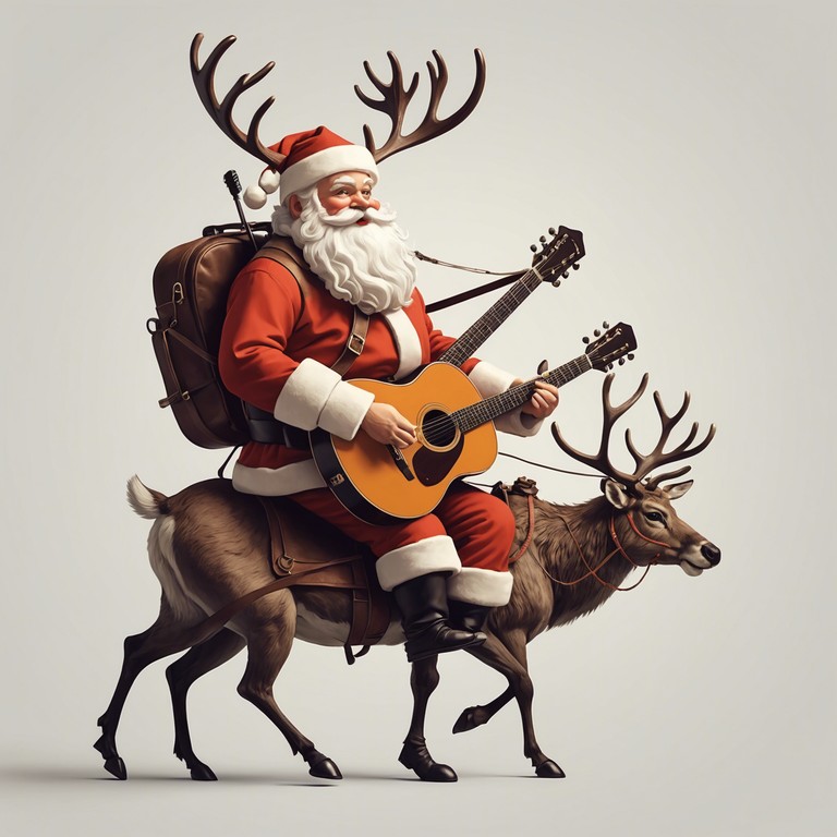 Imagine santa claus hosting a rock concert with heavy metal twists on classic holiday tunes, where electric guitar leads replace the soft chimes of holiday music, setting a powerful, energetic holiday scene.