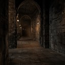 echoing footsteps within a dimly lit, forgotten castle corridor.