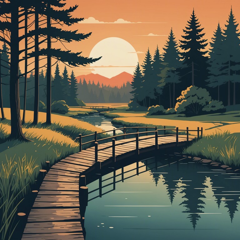 This piece eloquently combines the tense atmospheres of modern life with traditional folk elements, set against the backdrop of rustic wooden bridges symbolic of connecting the old and new worlds. The main instrument, an acoustic guitar, casts deep shadows with its poignant strums, complemented by volatile crescendos that reflect a journey through serene yet emotionally charged landscapes.