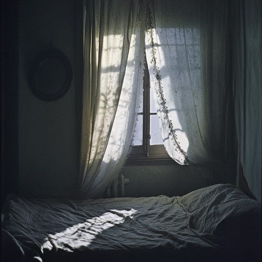 A hypnotic blend of lo fi beats with ghostly ambient textures, evoking a sense of eerie calm. The delicate, muted melodies intertwine with subtle, chilling whispers, creating an enigmatic and intimate auditory journey through the shadows of a moonlit bedroom