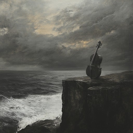 Imagine a symphonic portrayal of a storm gaining strength over the ocean, conveyed through soul stirring cello sequences, rising tempos, and dramatic pauses, depicting the powerful clashes between serene waters and stormy skies