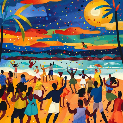 Visualize a lively beach party at sunset, radiating with collective hope and joy. This track features dynamic brass, conga rhythms, and a spirited piano melody, capturing the essence of an uplifting salsa dance.