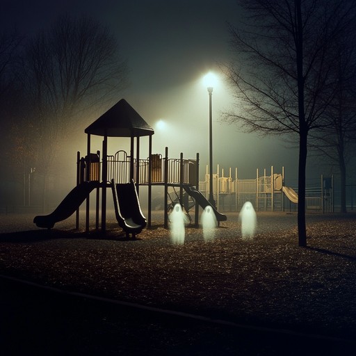 An instrumental piece blending eerie melodies with playful notes to evoke the anxious yet curious emotions of children playing a tense game of hide and seek in a haunted playground, leading to a mysterious adventure