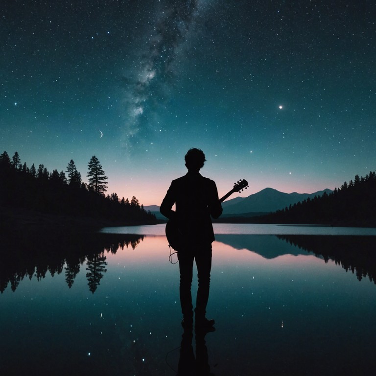 A guitarist stands alone under the vast night sky, pouring emotions into every string bend and vibrato, crafting a timeless piece that merges the essence of blues with personal reflection and the quiet night ambiance.