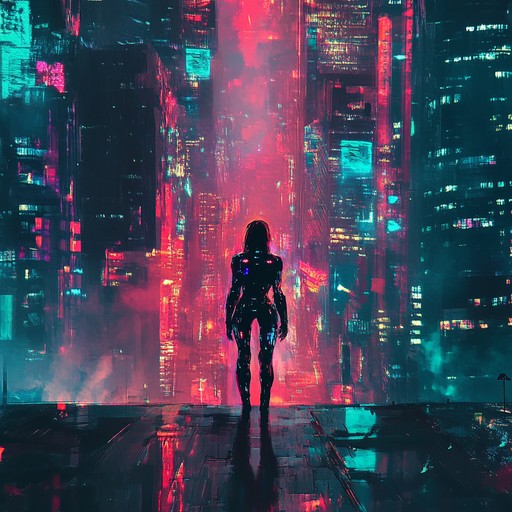 A high energy electronic track with aggressive synths and pounding rhythms, capturing the essence of a futuristic cityscape bathed in neon lights.