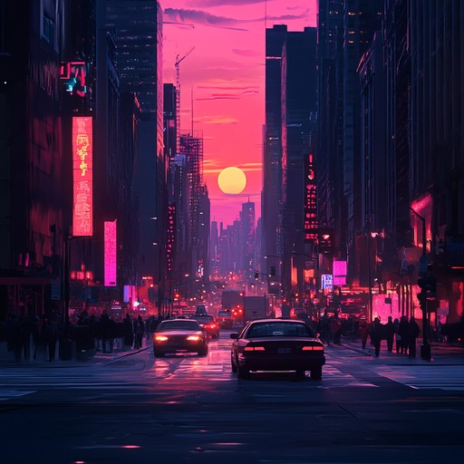 A dynamic composition blending rhythmic percussion with smooth synths, portraying the urban landscape as it transitions to night. The track uses syncopated beats and a mellow melody to evoke the city's pulse, illuminated by neon lights and the distant hum of nightlife awakening