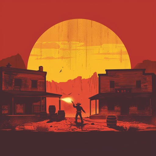 A tense, gritty showdown between two gunslingers in a dusty saloon at sunset. Twangy guitar riffs and pounding percussion build to a dramatic climax.