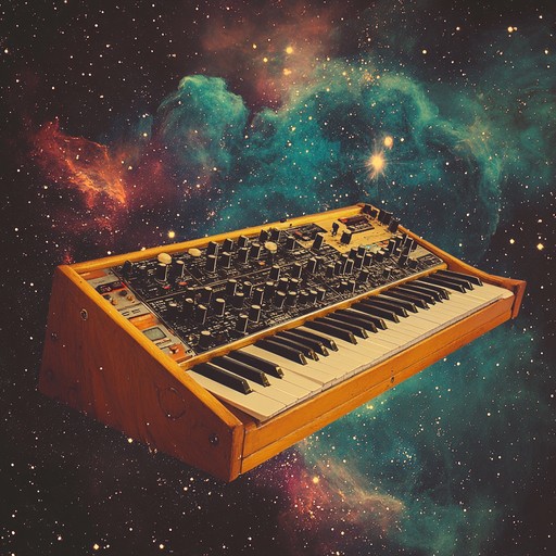 A nostalgic journey through cosmic landscapes with lush vintage synths and psychedelic tones, evoking an ethereal 1970s retro vibe of mysteries and wonders.