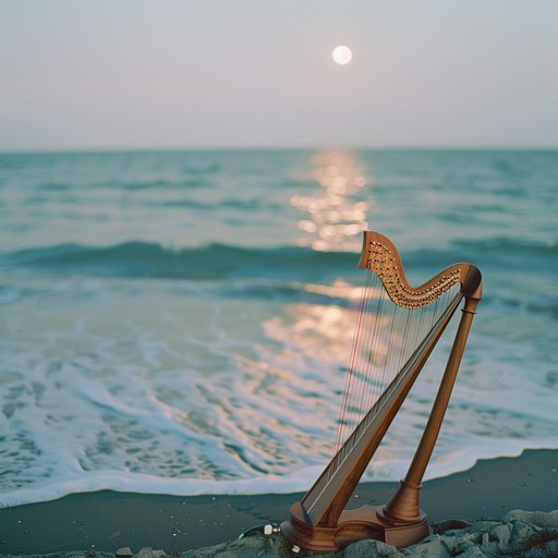 Envision a serene night where the soft strums of a harp merge perfectly with the rhythmic sounds of the ocean, crafting an ambiance that’s both tranquil and invigorating. The composition, like a gentle lullaby of the sea, soothes the spirit with its rhythmic precision and delicate allure.