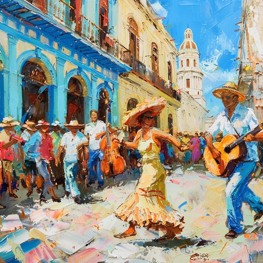 An energetic track bursting with vibrant afro cuban rhythms and uplifting percussions, embodying the joyful and festive spirit of a havana street fiesta.