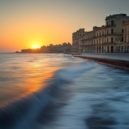 A reflective afro cuban instrumental piece set against the backdrop of a beautiful havana sunset. The composition features gentle congas and soothing marimbas, providing a nostalgic yet serene soundscape that transports the listener to moments of quiet reflection and historical reverie.