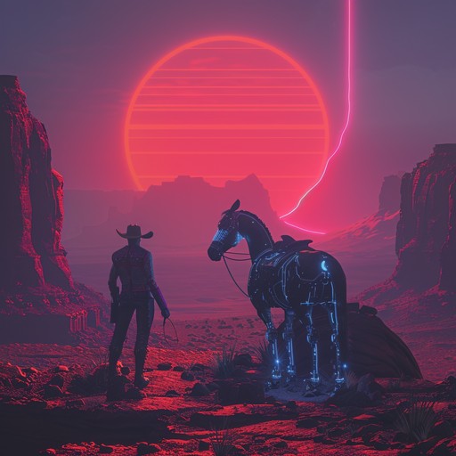 An eccentric fusion of old western twang with glitchy cyberpunk elements, this track combines banjo riffs with digital noise bursts to create a wild soundscape. Imagine cowboys dueling in a neon lit desert, synths mimicking the sound of robotic horses galloping across the sands.