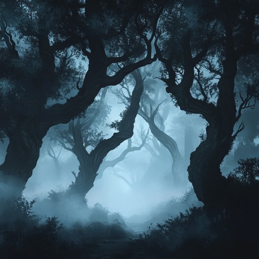 Envision a dark, fog filled forest in an anime. Twisted trees loom in the shadows, while unknown creatures rustle in the distance. A melancholic violin weaves through chilling whispers of the night, creating an unsettling atmosphere. Occasional clangs of metallic percussion add tension, invoking a sense of dread and mystery in every note.